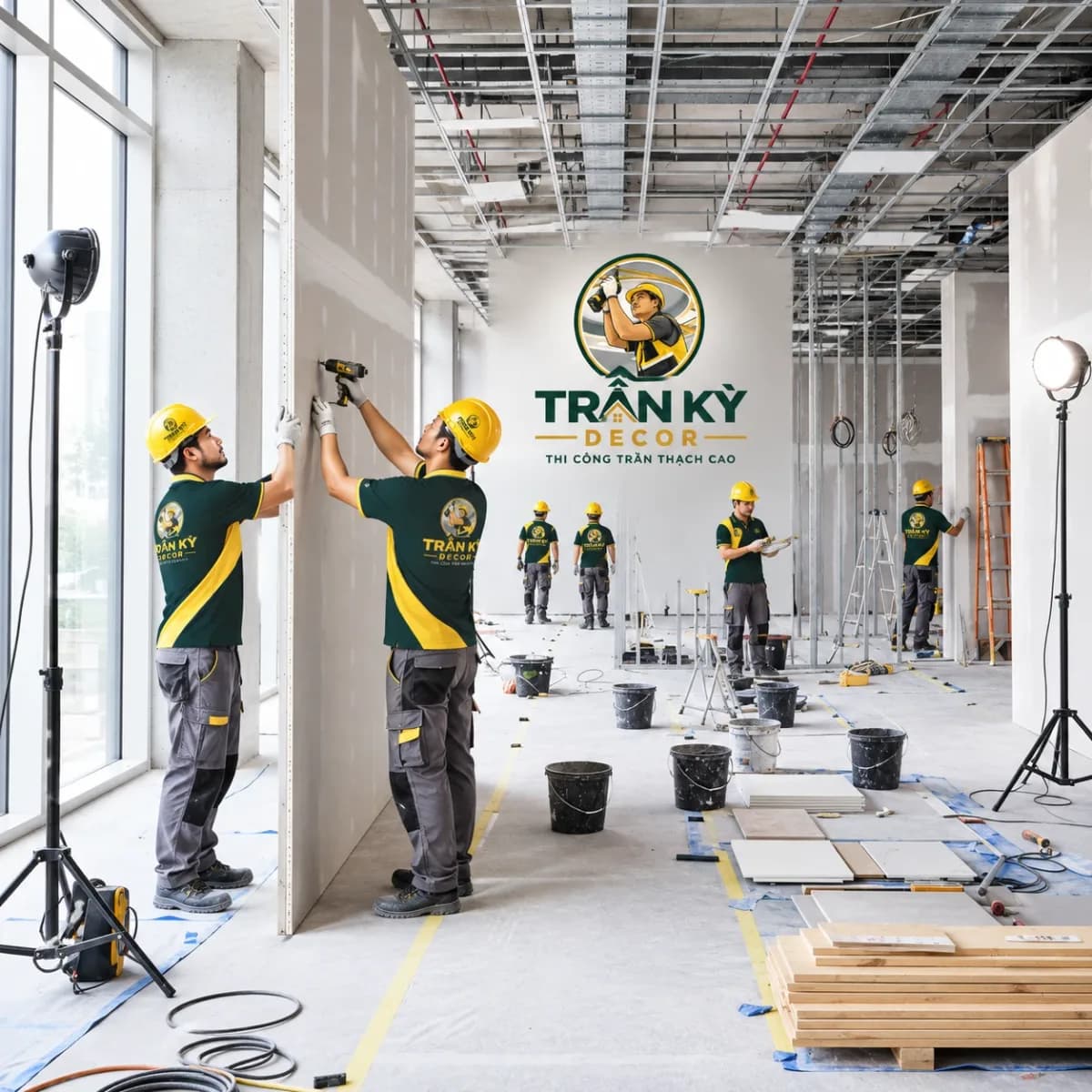 Đội thợ Trần Kỳ Decor mặc đồng phục, đội mũ bảo hộ đang lắp vách thạch cao và hệ khung trần tại công trường